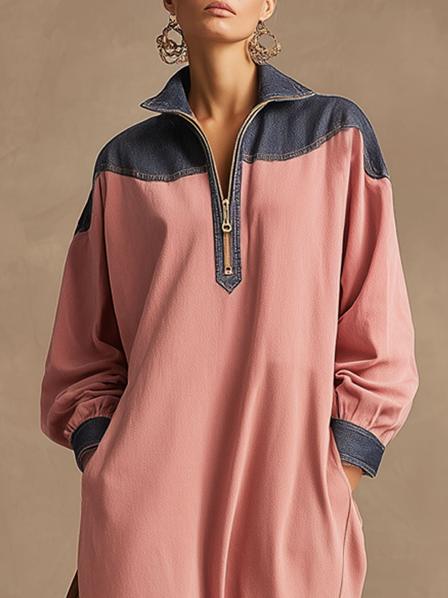 Casual Retro Pink And Blue Denim Long-sleeved Half-zip Midi Dress