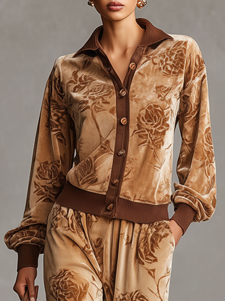 Sporty Retro Camel Rose Velvet Cardigan Sweatshirt Wide-Leg Pants Set