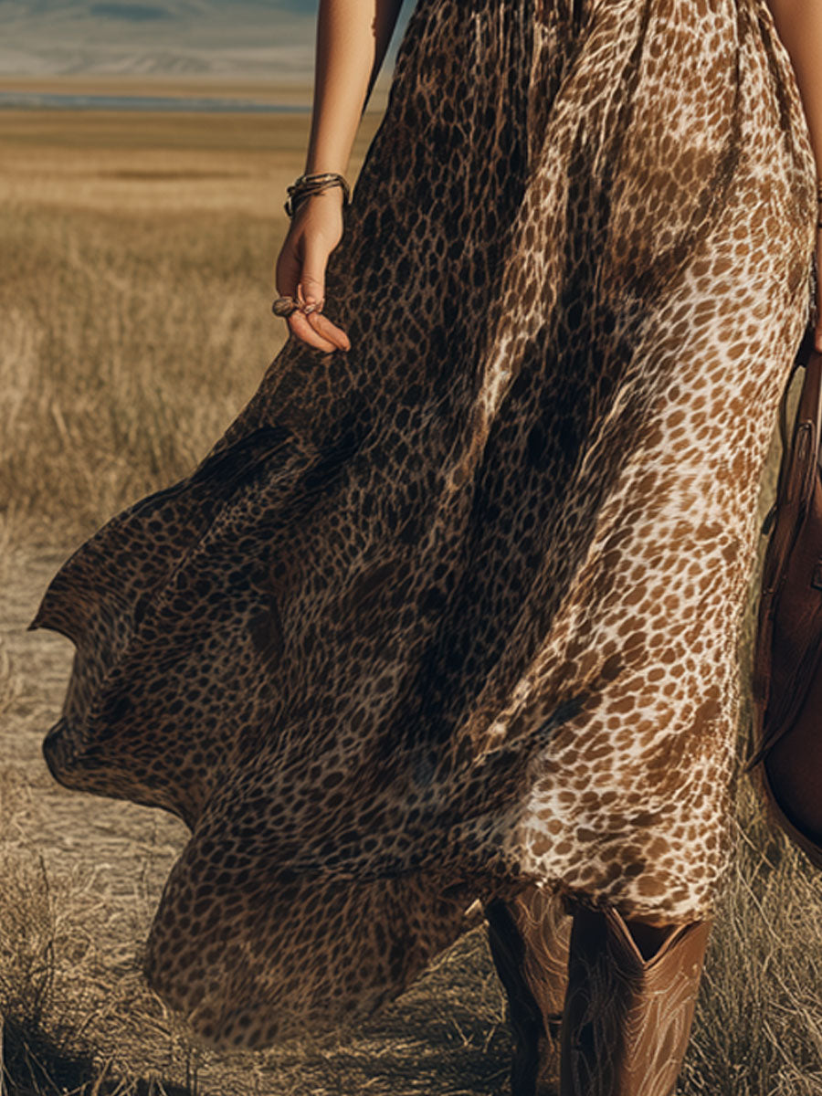 Western Retro Brown Leopard Print Chiffon Sleeveless Maxi Dress