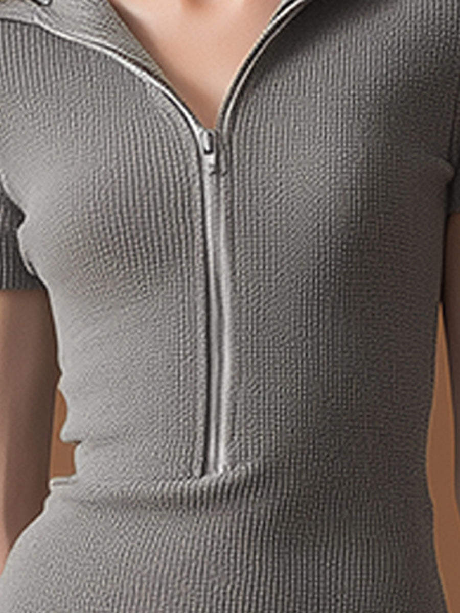 Stylish Sporty Grey Waffle-knit Short-sleeved Top And Skirt Set