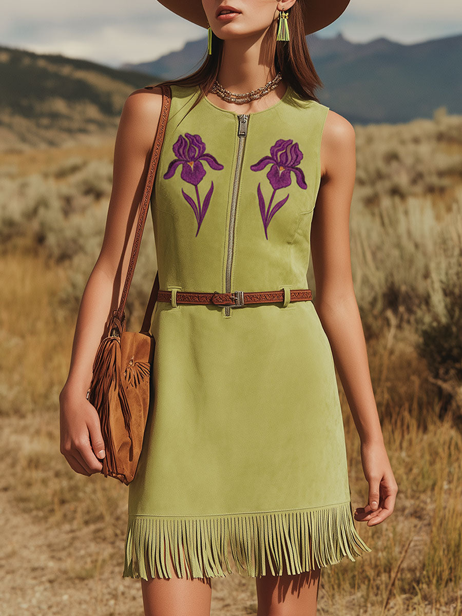 Western-style Retro Embroidered Green Tassel Round Neck Sleeveless Faux Suede Mini Dress