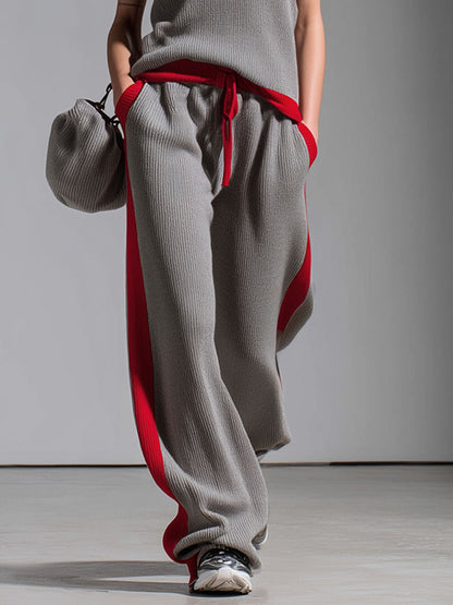 Color-blocked Crew Neck Sleeveless Top And Pants Knitted Set