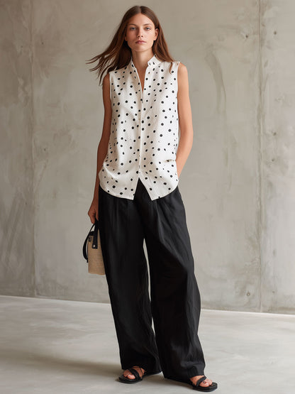 Casual Retro Cotton Linen Polka Dot Sleeveless Shirt And Wide-leg Pants Set