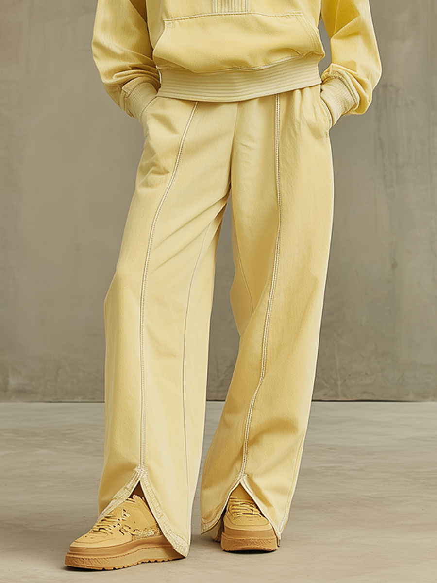 Casual Retro Pale Yellow Cotton Half-zip Sweatshirt And Split Wide-leg Pants Set