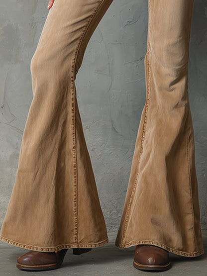 Stylish And Retro Versatile Khaki Denim Flared Pants