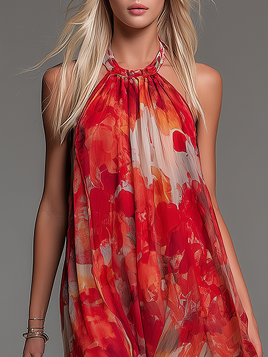 Stylish And Comfortable Halter Neck Sleeveless Printed Chiffon Maxi Dress