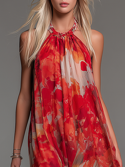 Stylish And Comfortable Halter Neck Sleeveless Printed Chiffon Maxi Dress