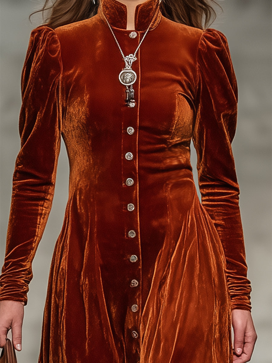 Western Orange Velvet Stand Collar Button Maxi Dress