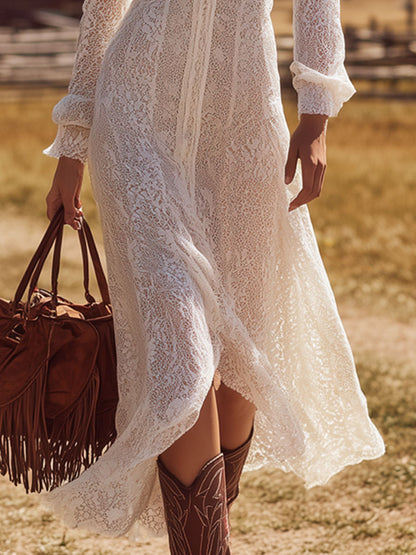 Western Retro V-neck White Lace Long-sleeved Maxi Dress