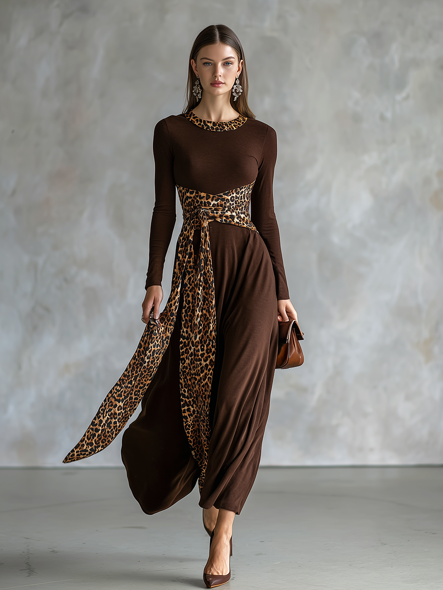 Retro Leopard Print Patchwork Long-sleeved Midi Dress