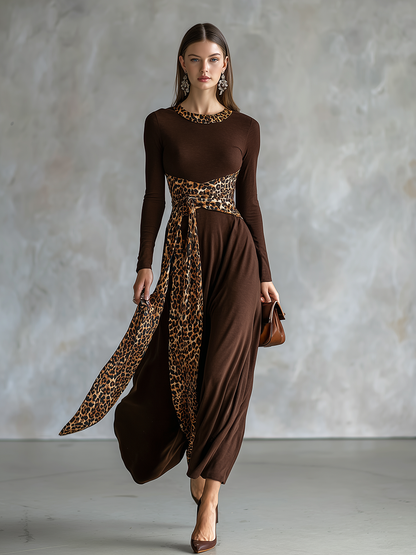 Retro Leopard Print Patchwork Long-sleeved Midi Dress