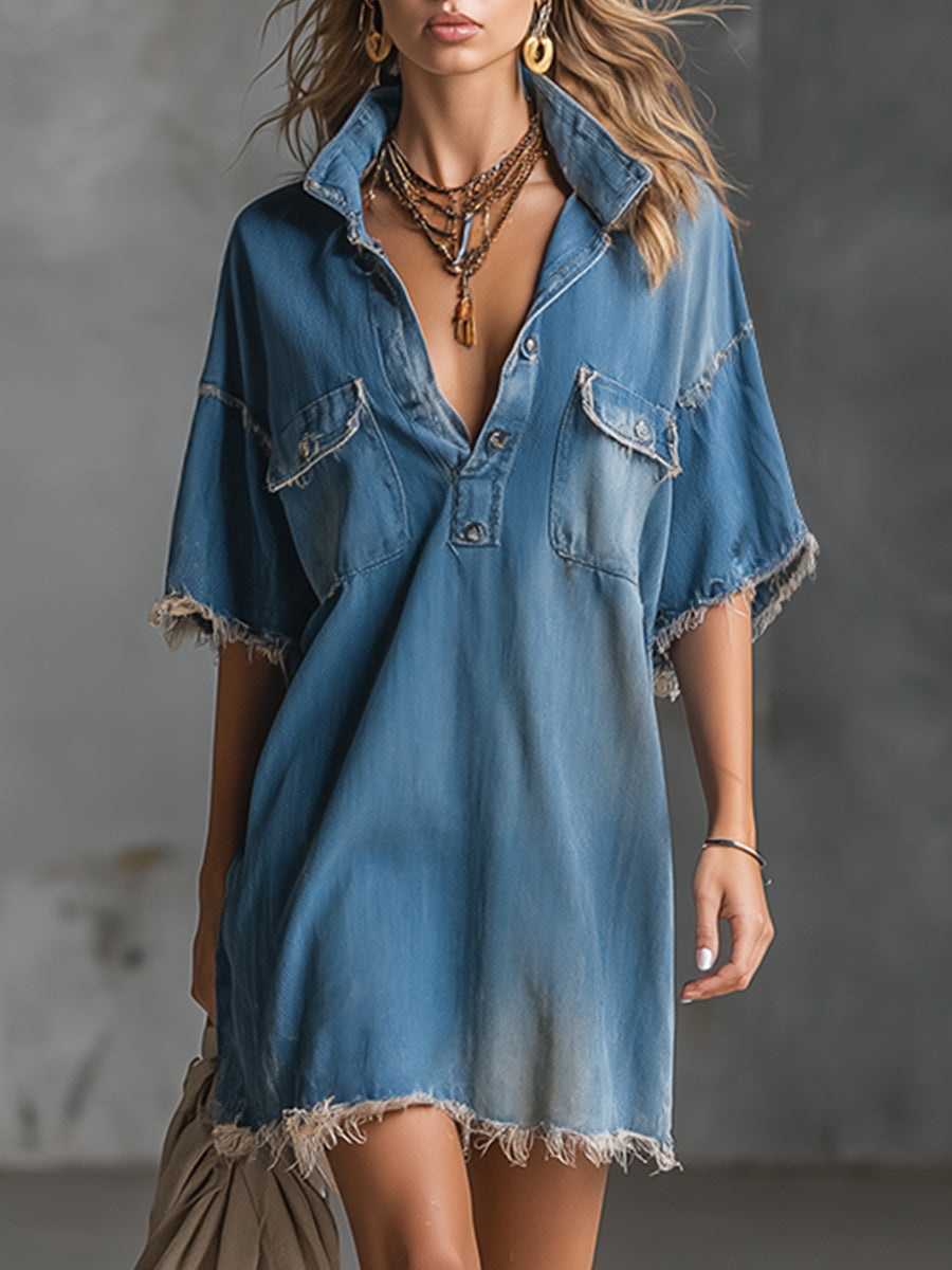 Stylish And Casual Frayed-edge Blue Denim Short-sleeved Mini Dress