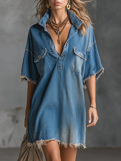 Stylish And Casual Frayed-edge Blue Denim Short-sleeved Mini Dress