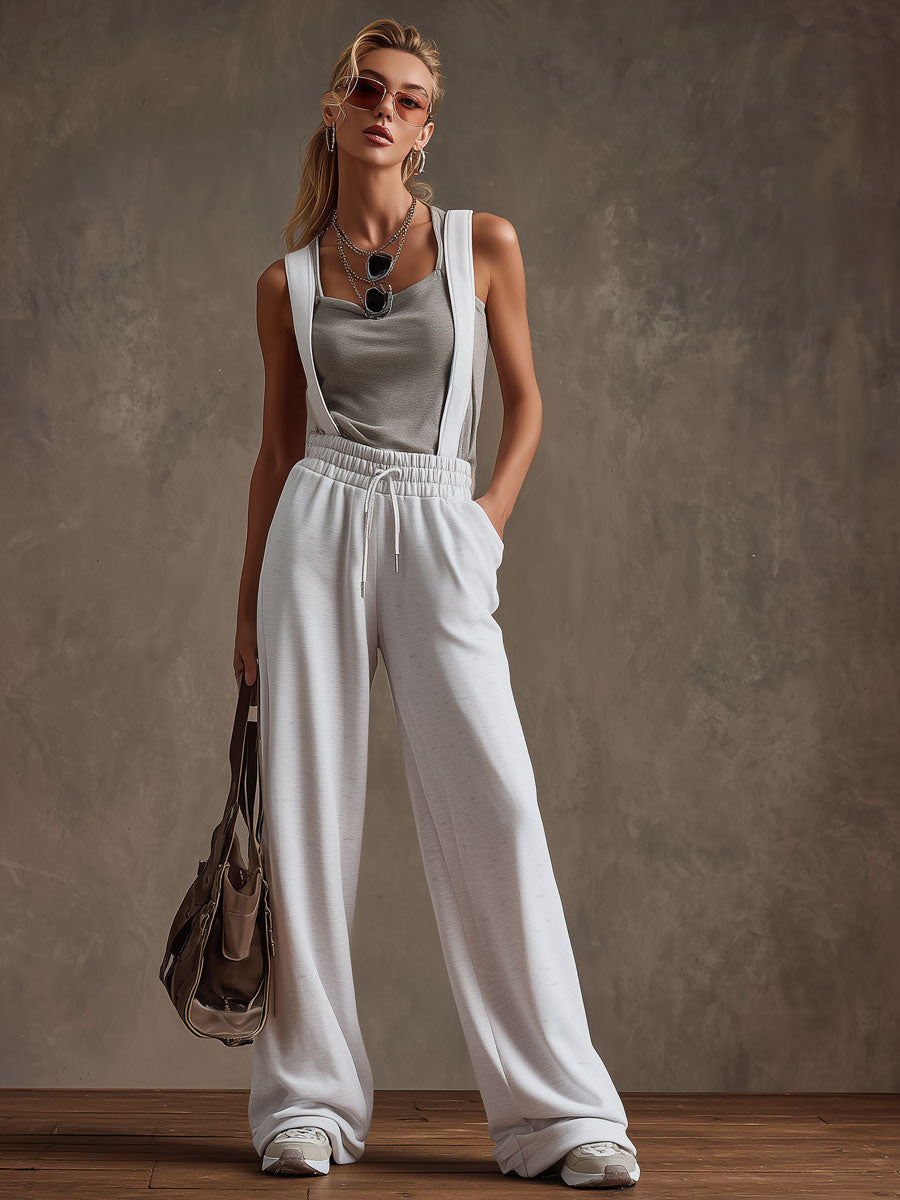 Casual Sporty Retro Gray-White Cotton Blend Overalls