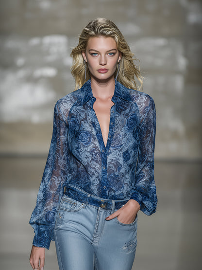 Fashionable Blue Chiffon Rose Textured Shirt