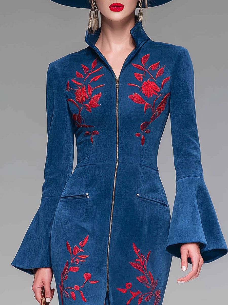 Western Style Vintage Embroidered Blue Faux Suede Midi Dress