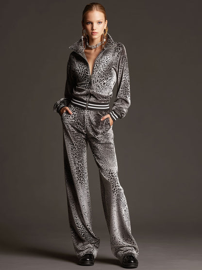 Casual Sporty Retro Gray Leopard Print Velvet Sweatshirt And Wide-Leg Pants Set