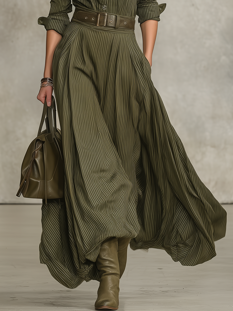 Retro Western Style Striped Long-Sleeved Dress