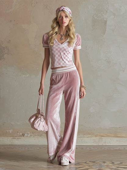 Stylish And Sporty Pink Checkered Print T-shirt And Wide-leg Pants Set