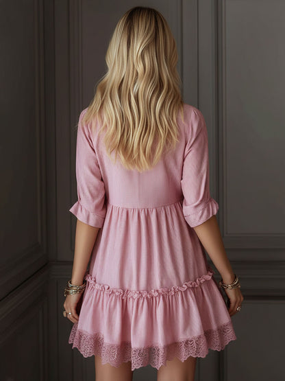 Cotton And Linen Striped Lapel Double Pocket Short-sleeved Mini Dress