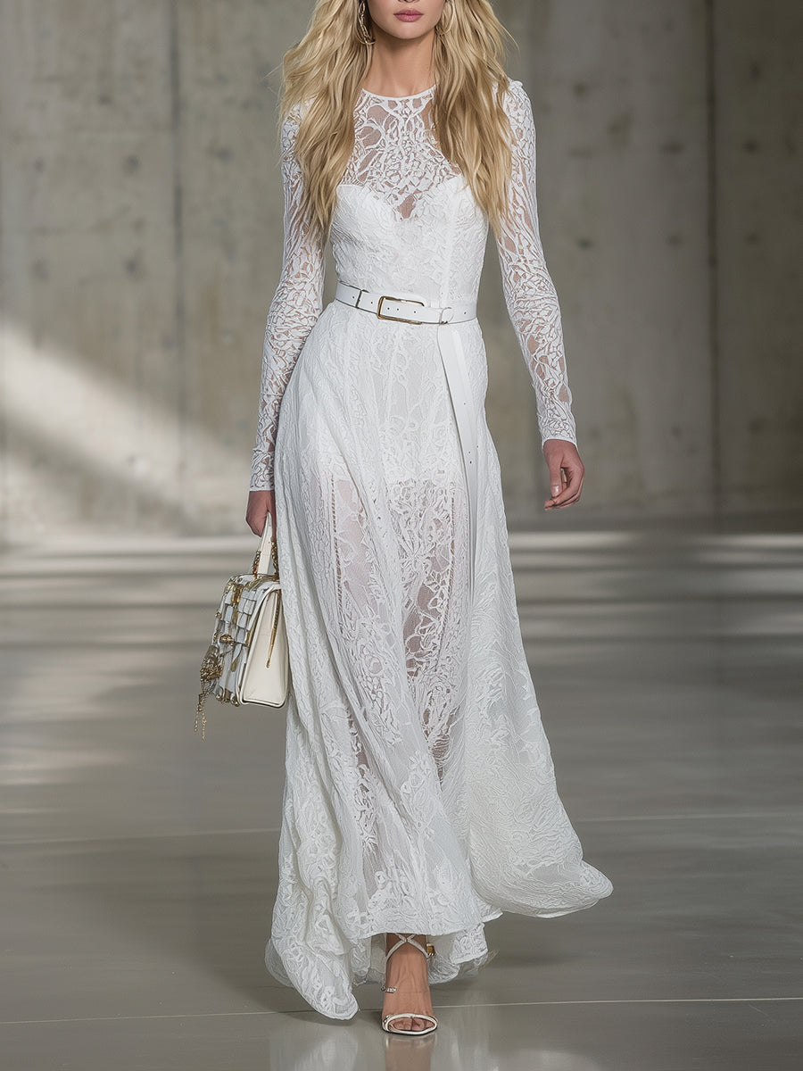 Stylish White Lace Long-sleeved Maxi Dress