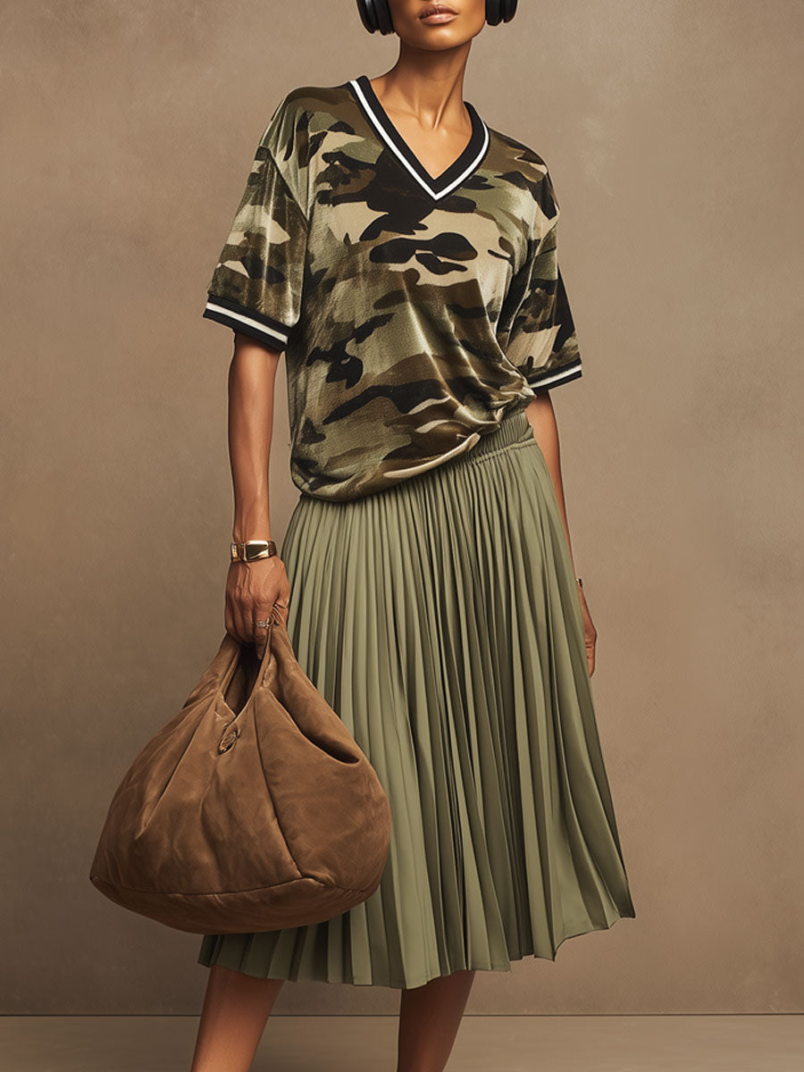 Casual Retro Military Green Camouflage Velvet Short-Sleeve T-Shirt And Pleated Skirt Set