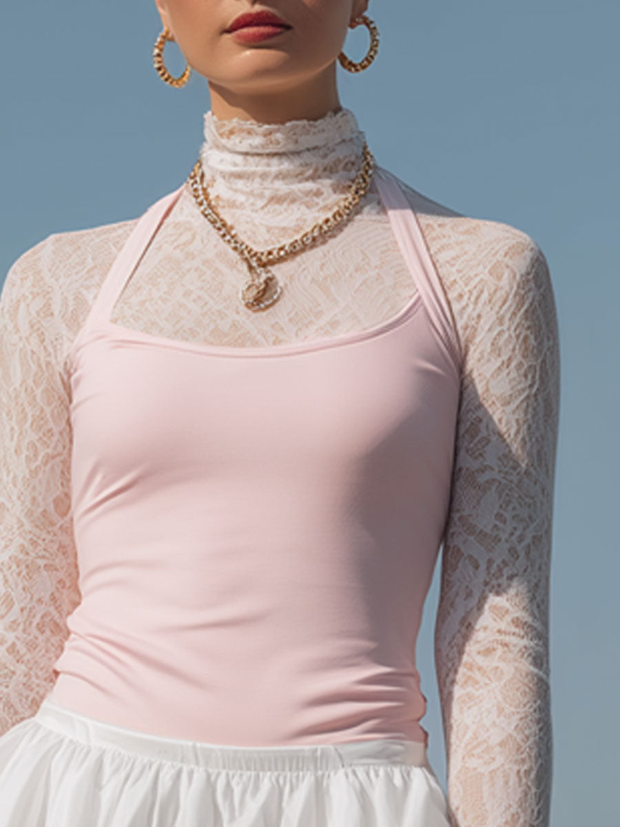 Fashionable Sporty Lace Long-sleeved Pink Vest With Ruffled Skirt Three-piece Set