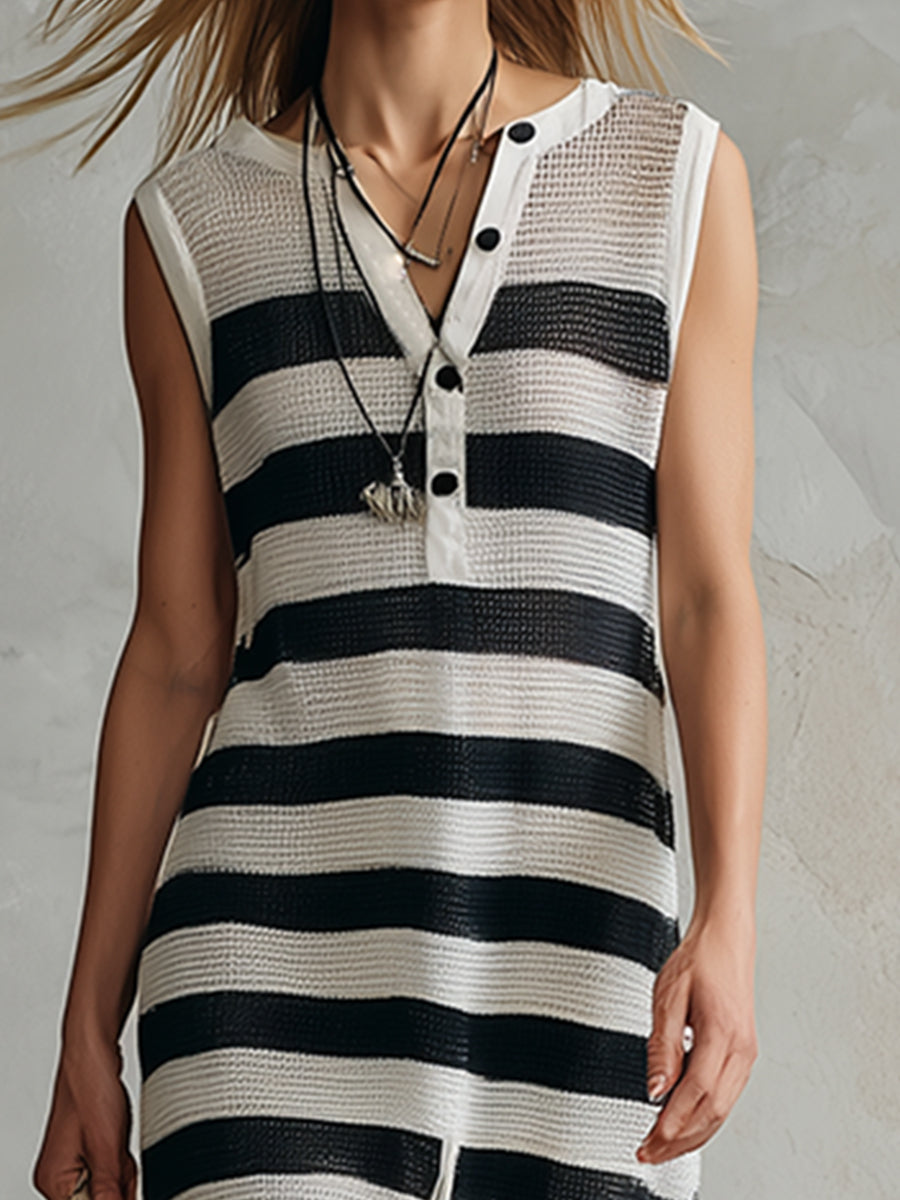 Stylish And Classic Striped Lightweight Knit Sleeveless Midi Dress