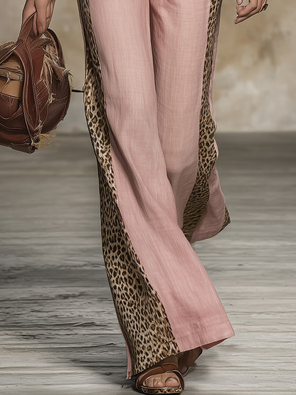 Western-style Pink Linen Zip-up Jacket And Wide-leg Pants  With Leopard Print Details Set
