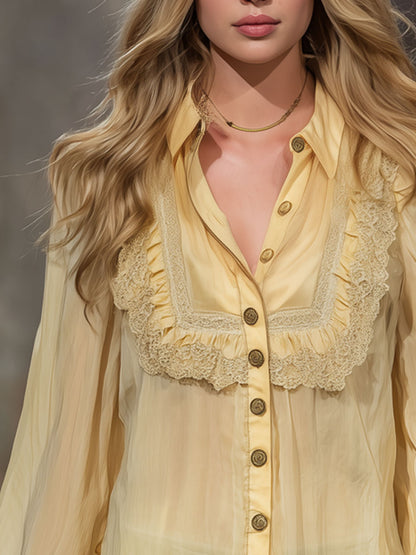 Casual Retro Yellow Cotton Blend Lace-trimmed Long-sleeved Shirt