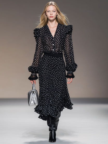 Retro Vacation Polka Dot Black Chiffon Long-sleeved Shirt And Skirt Set
