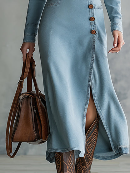 Retro Light Blue Denim Slanted Button V-neck Maxi Dress