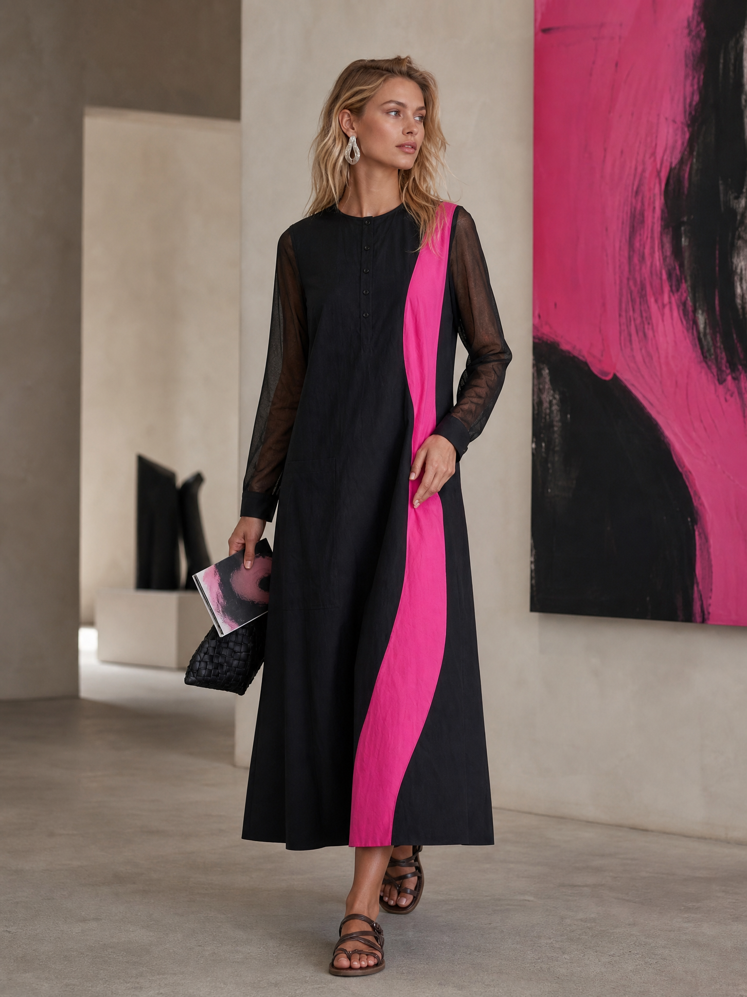Retro-casual Elegant Western-style Color-block Maxi Dress In A Cotton Blend