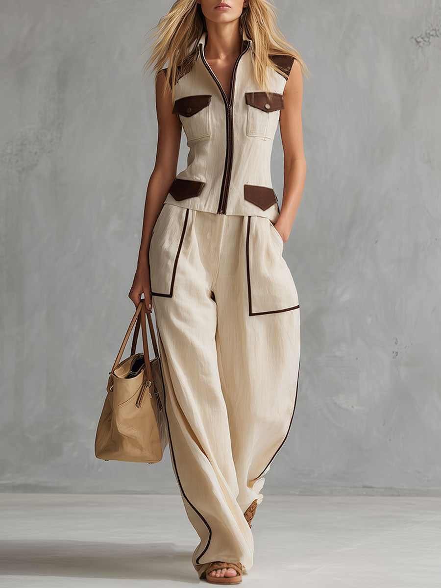Casual Retro Off-white Sleeveless Cotton And Linen Shirt And Wide-leg Pants Set