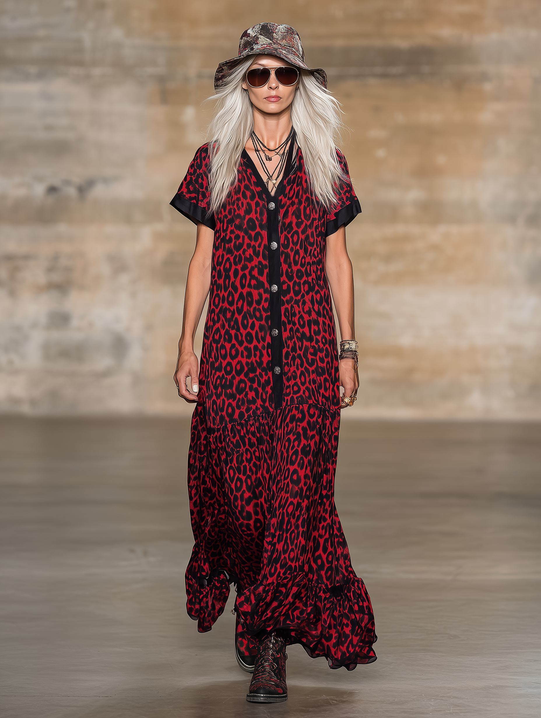 Loose-fitting Western-style Leopard Print Matte Satin Sleeveless Red Maxi Dress