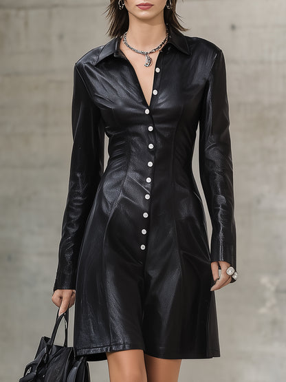 Stylish Black Faux Leather Button-front Long-sleeved Mini Dress