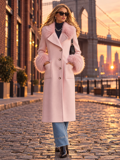 Elegant Faux-fur Collar And Cuffs Long Pink Wool-blend Coat