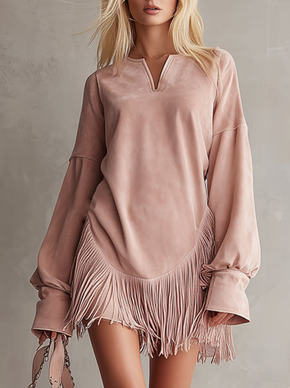 Elegant Urban Pink Faux Suede Tassel Mini Dress
