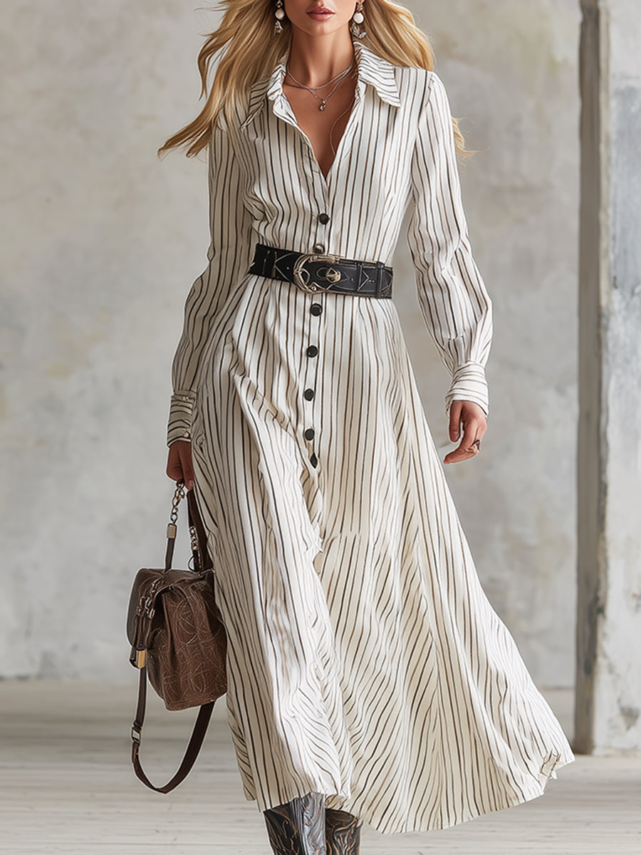 Elegant Vintage White Striped Lapel Maxi Dress