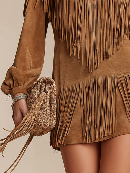 Retro Western Style V-neck Long-sleeved Fringed Faux Suede Mini Dress
