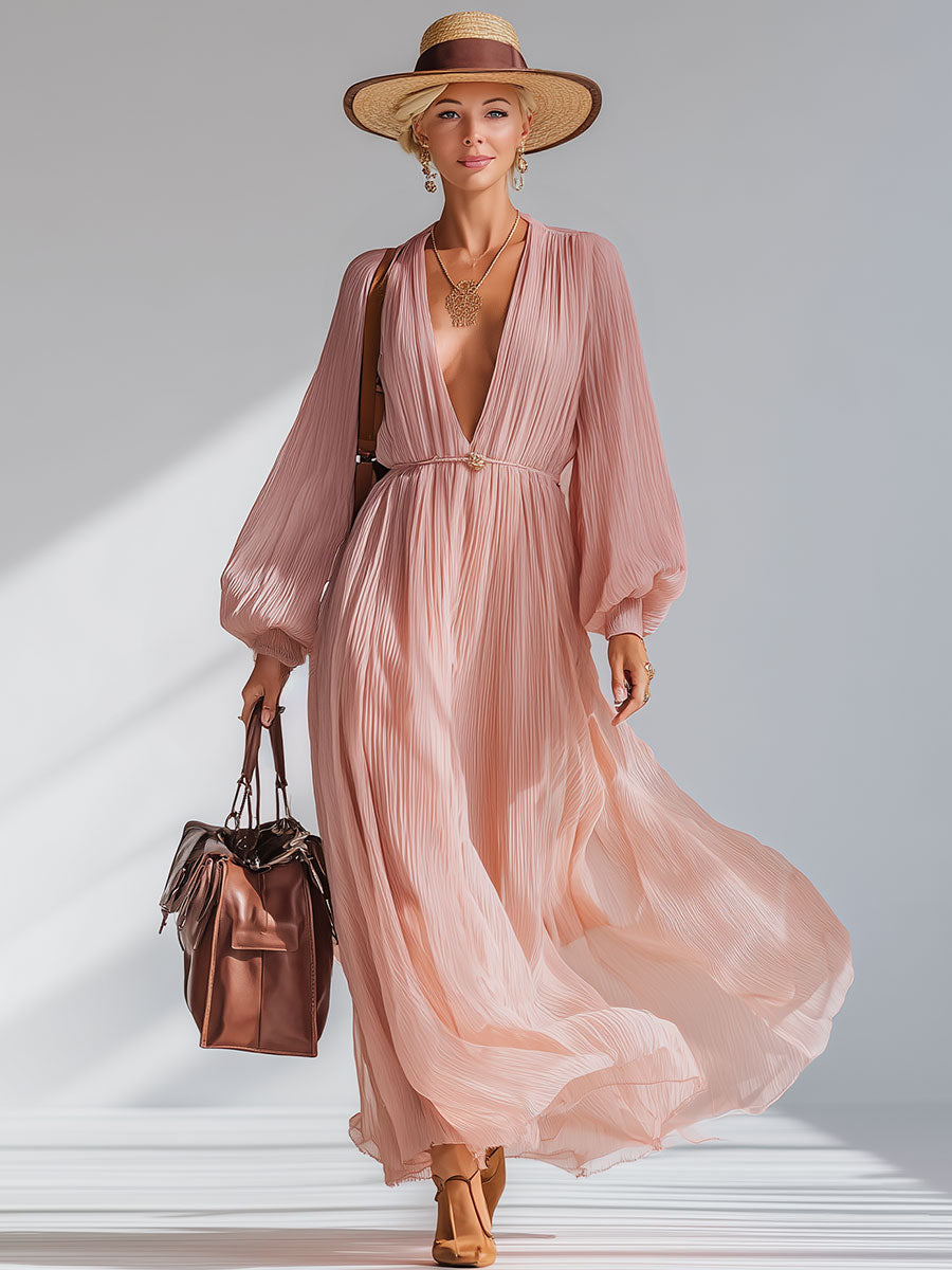 Elegant And Loose-fitting Pink V-neck Chiffon Maxi Dress