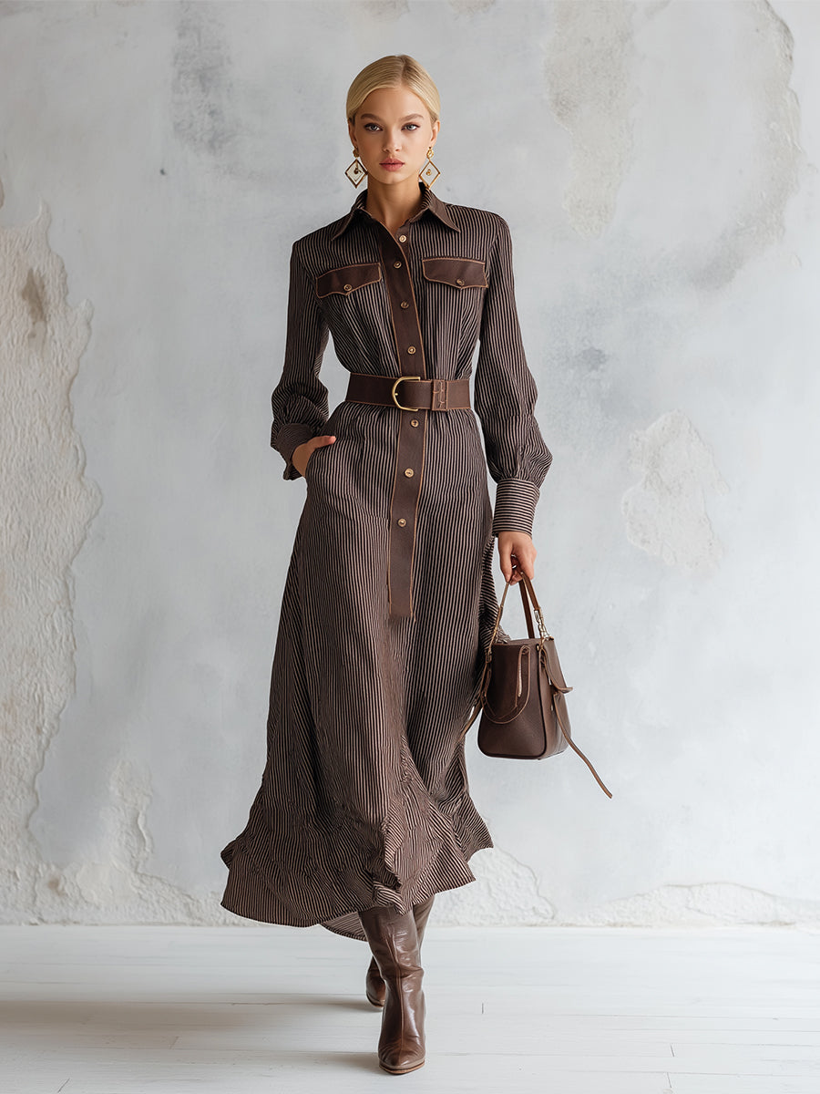 Vintage-style Collared Brown Striped Maxi Dress
