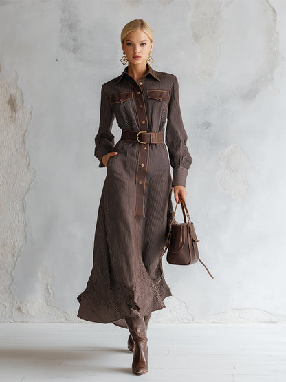 Vintage-style Collared Brown Striped Maxi Dress