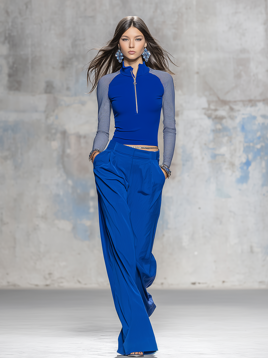 Retro Charming Sporty Color-blocked Stand-collar T-shirt And Wide-leg Pants Set