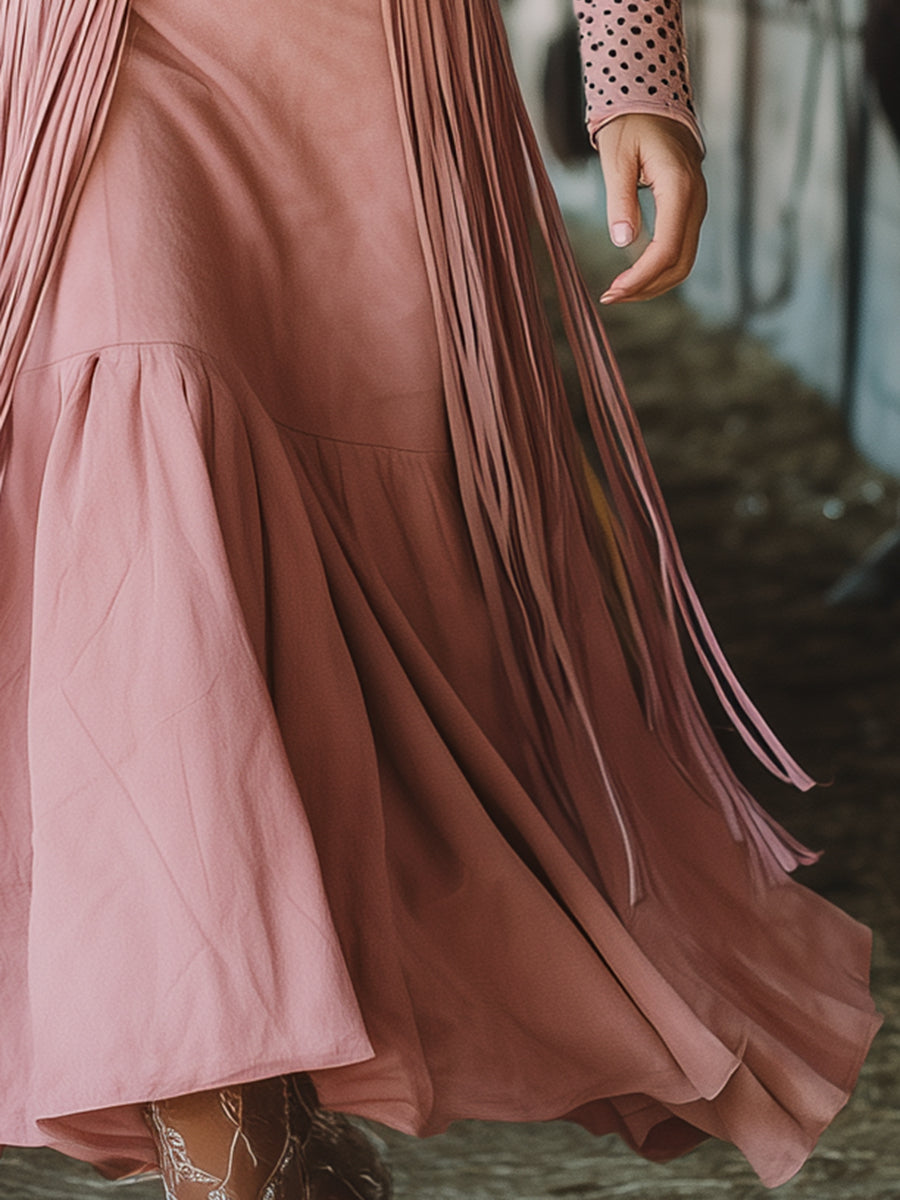 Western-style Pink Faux Suede Patchwork Polka Dot Tassel Maxi Dress