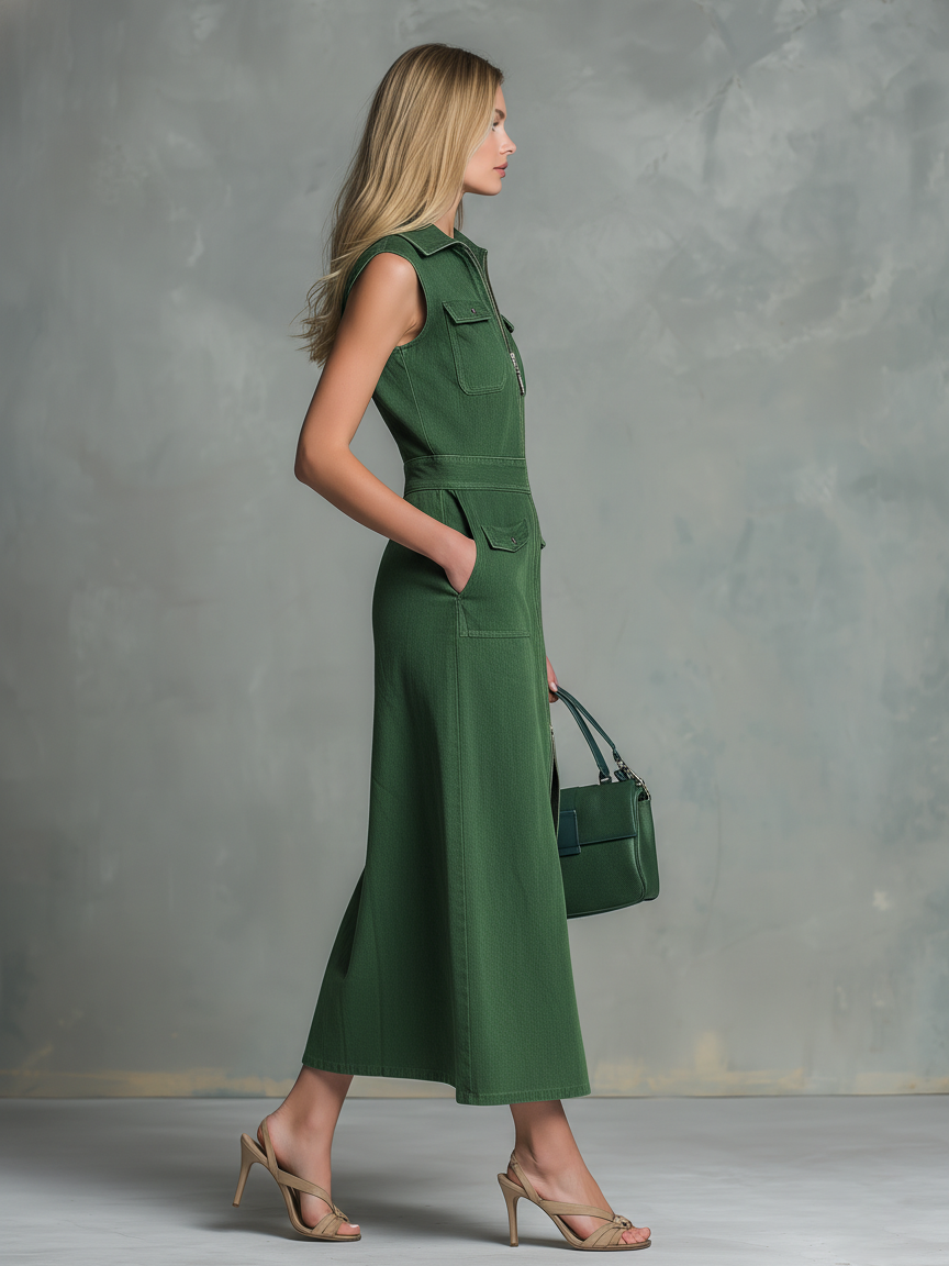 Retro-style Collared Sleeveless Zippered Wide-shoulder Denim Maxi Dress