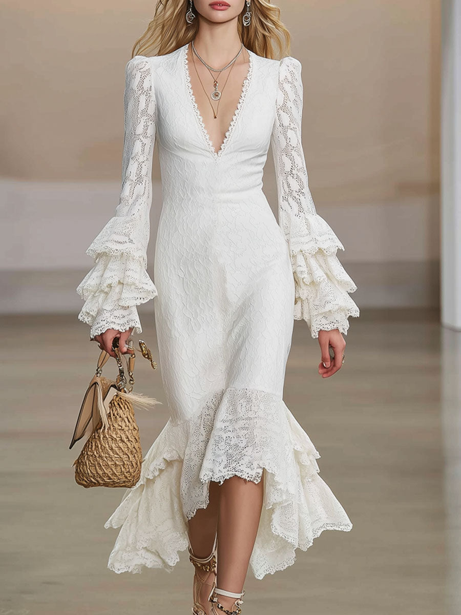 V-neck Lace Ruffle Long-sleeved Midi Dress
