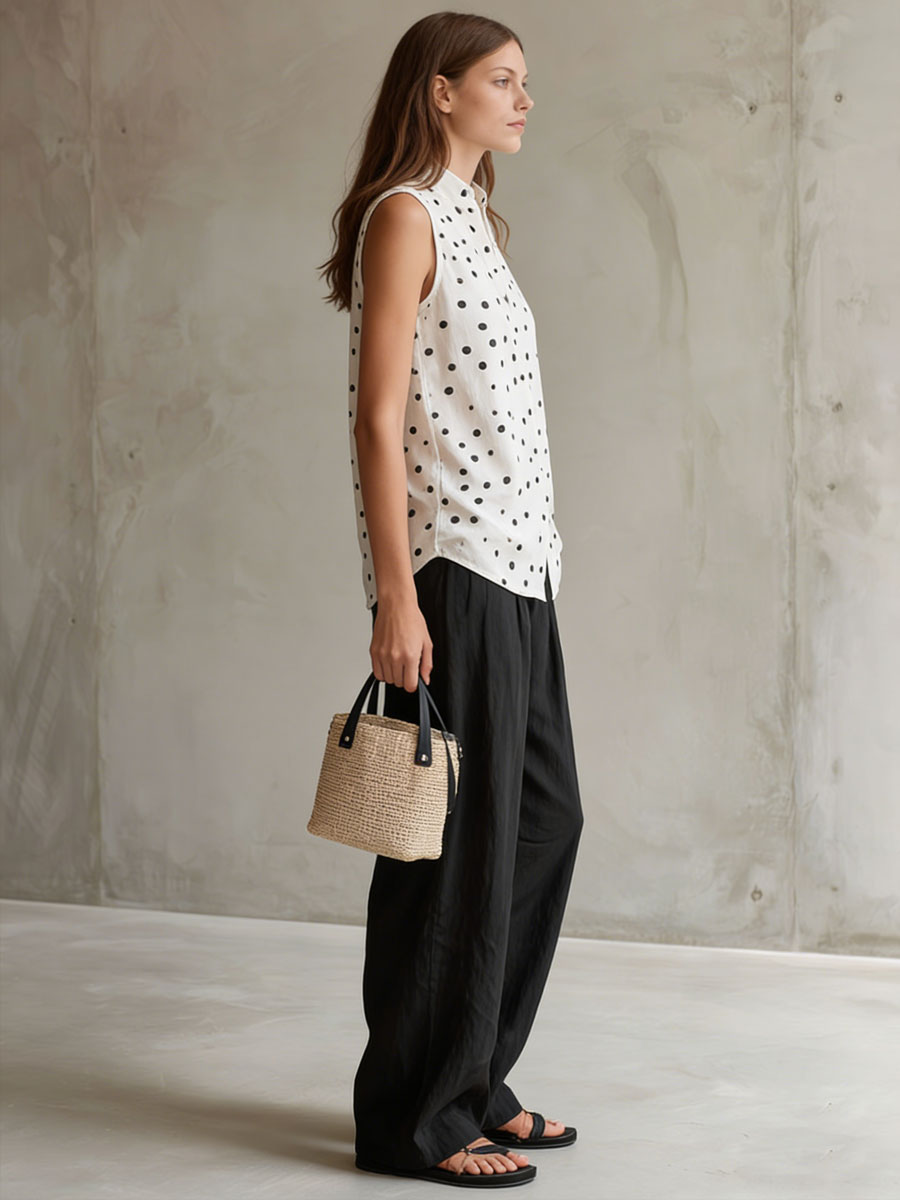 Casual Retro Cotton Linen Polka Dot Sleeveless Shirt And Wide-leg Pants Set