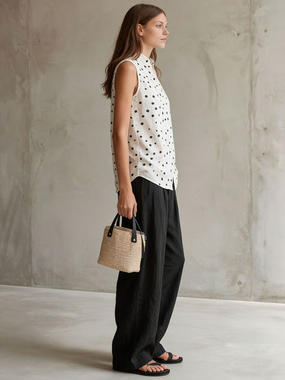 Casual Retro Cotton Linen Polka Dot Sleeveless Shirt And Wide-leg Pants Set
