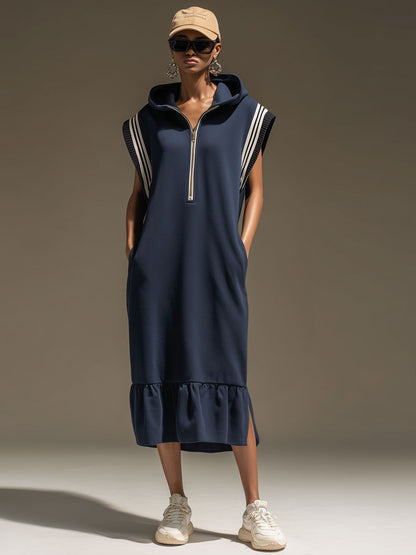 Sporty Retro Hooded Striped Ruffled Navy Blue Cotton Sleeveless Midi Dress